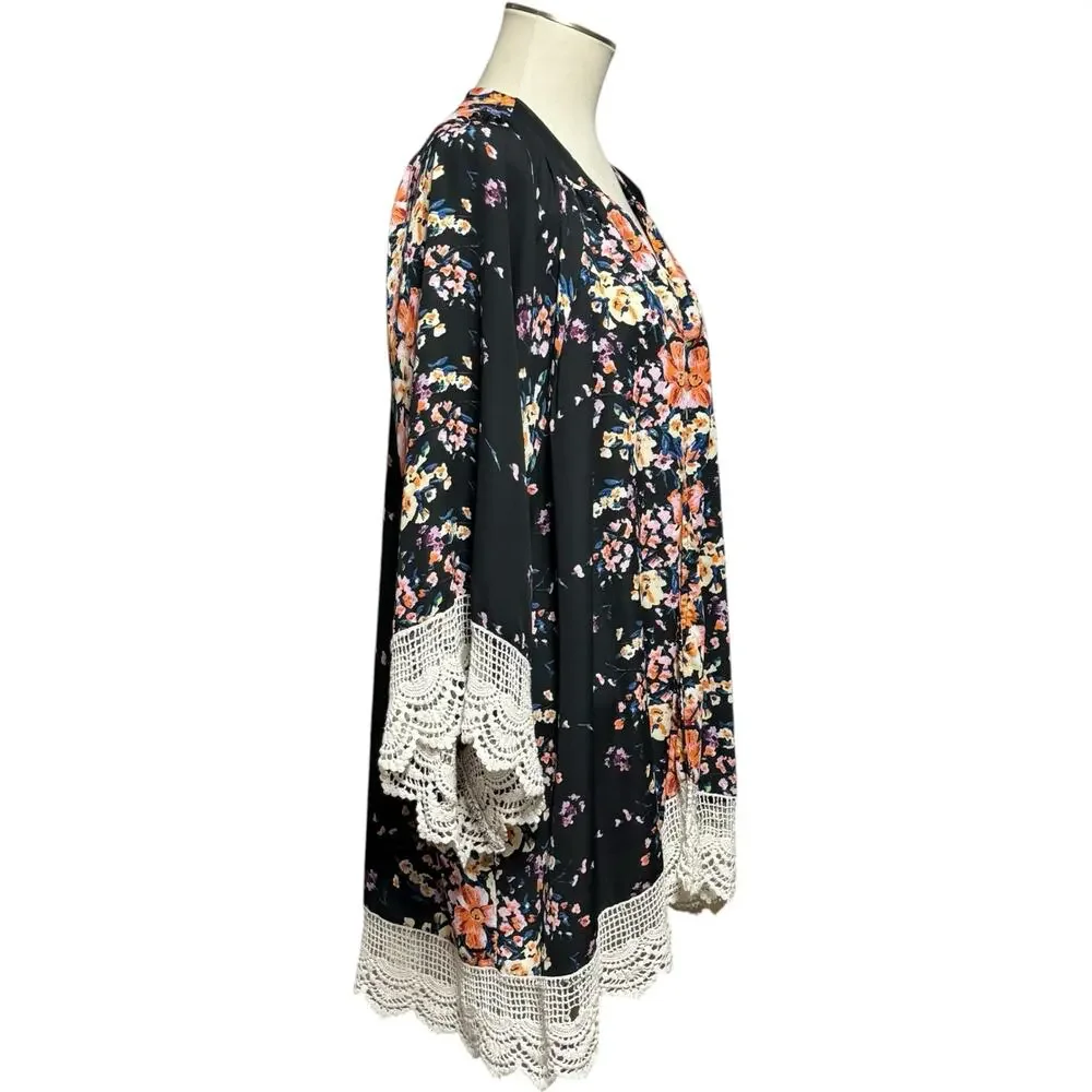 Umgee Open Front Kimono Cardigan Black Multicolor Floral Crochet Lace Med/Lg